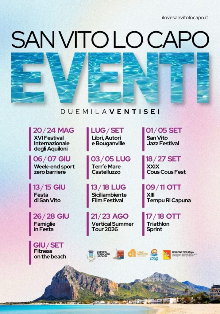 Plakat mit dem Veranstaltungskalender 2026 von San Vito Lo Capo mit Festivals, Kulturveranstaltungen, Sportevents und dem Cous Cous Fest.