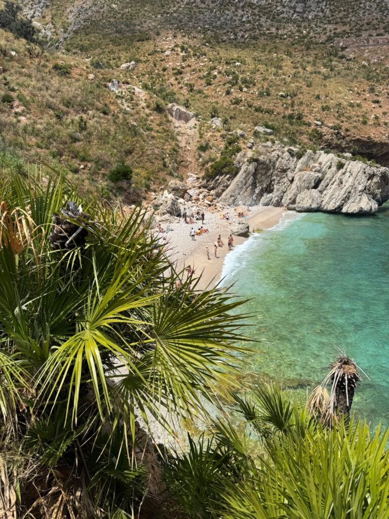 Blick von einem Hang auf eine kleine Bucht im Naturreservat Zingaro mit türkisfarbenem Wasser, hellem Kiesstrand, Felsen und mediterranen Zwergpalmen.